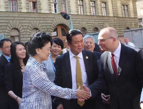中国国务院副总理刘延东在中国驻匈牙利大使段洁龙和国家中医药管理局国际合作司司长王笑频的陪同下会见中东欧中医医疗教育和研究中心非营利公司执行总监奥利弗•圣皮特博士